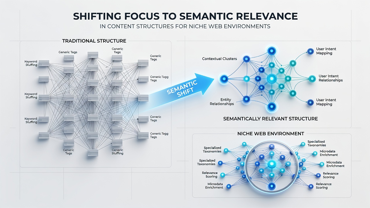 Diagram showing content architecture evolution with semantic layers connecting niche topics through entity graphs and contextual signals